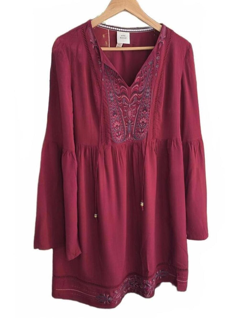 Garnet Embroidered Boho Tunic Bell Steeve Peasant Tunic XS Rayon